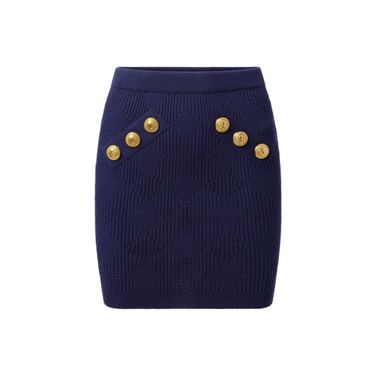 6 Button Vichy Knit Short Skirt in Midnight Blue