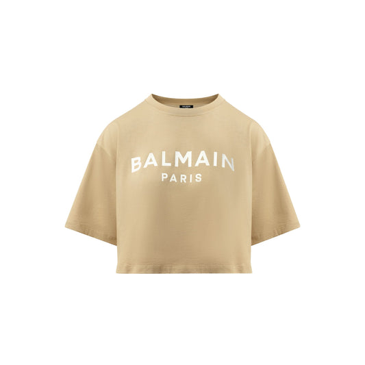 Balmain Printed Cropped T-Shirt in Beige/White