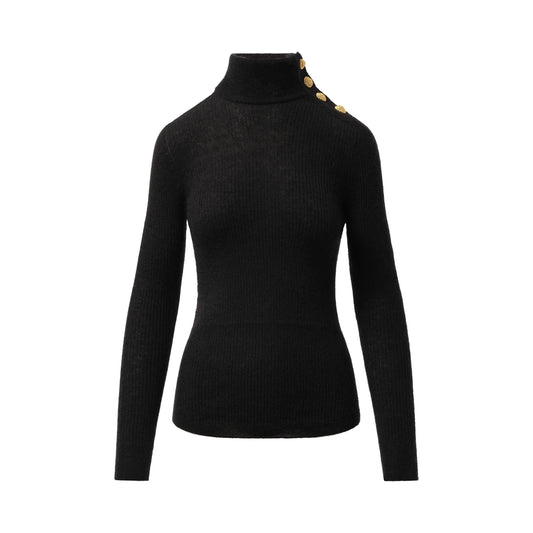 Buttoned High Neck Mohair Top in Black