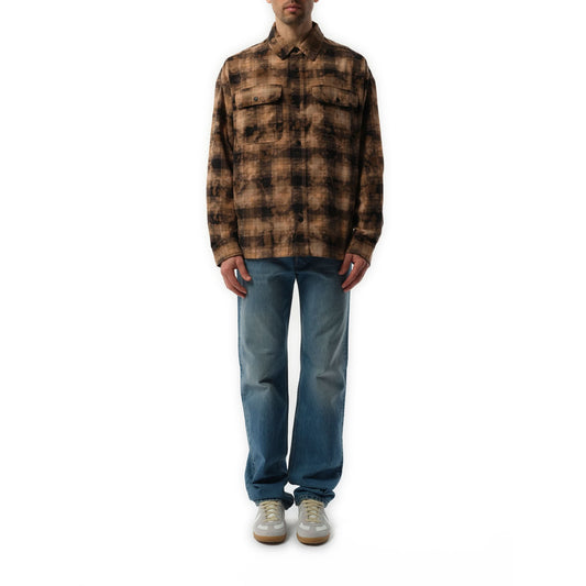 Long Sleeve Curved Logo Check Shirt in Brown/Off White