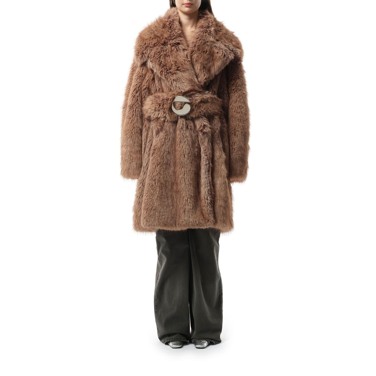 Fur Oversized Belted Coat in Brown