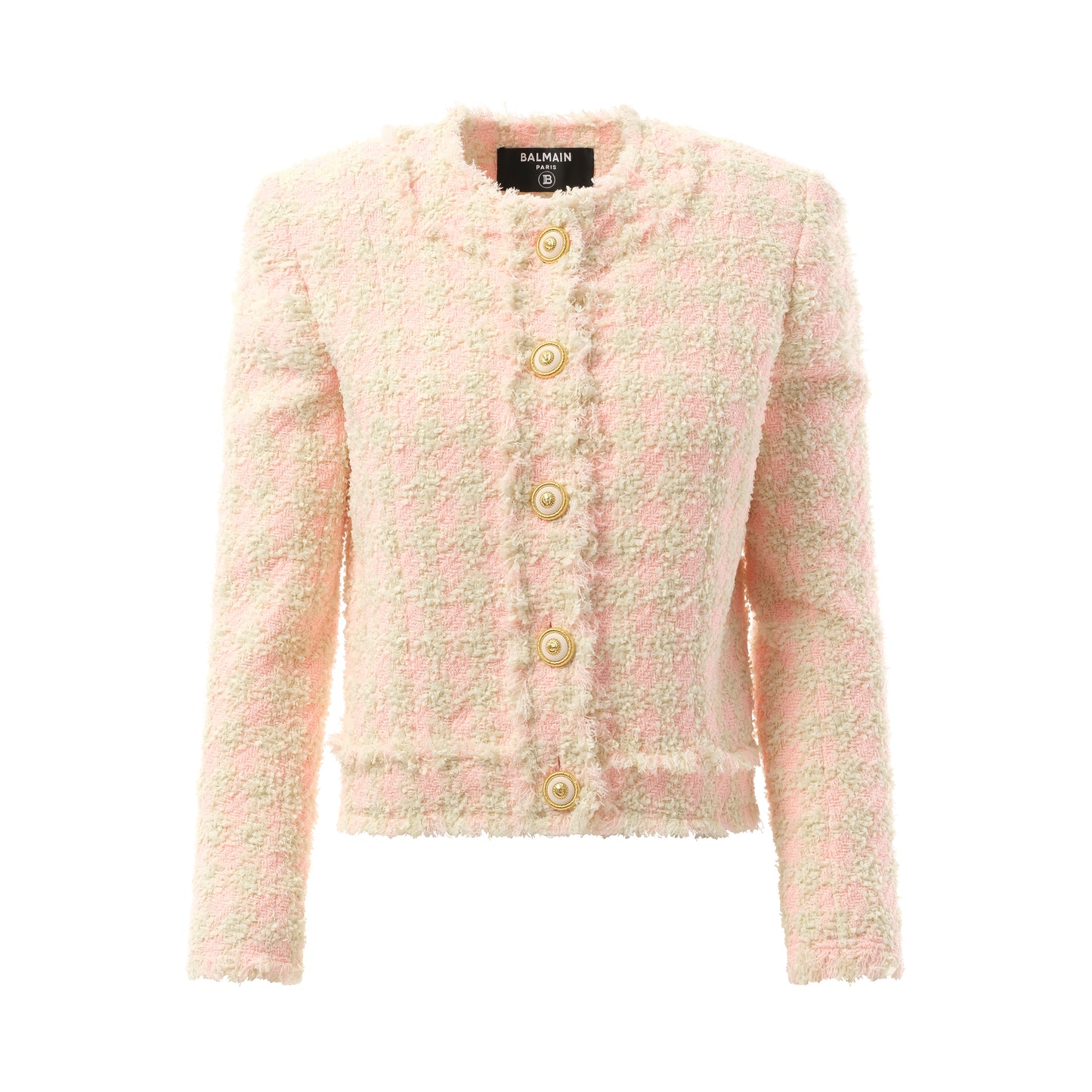 5 Button Collarless Tweed Jacket in Rose/Beige