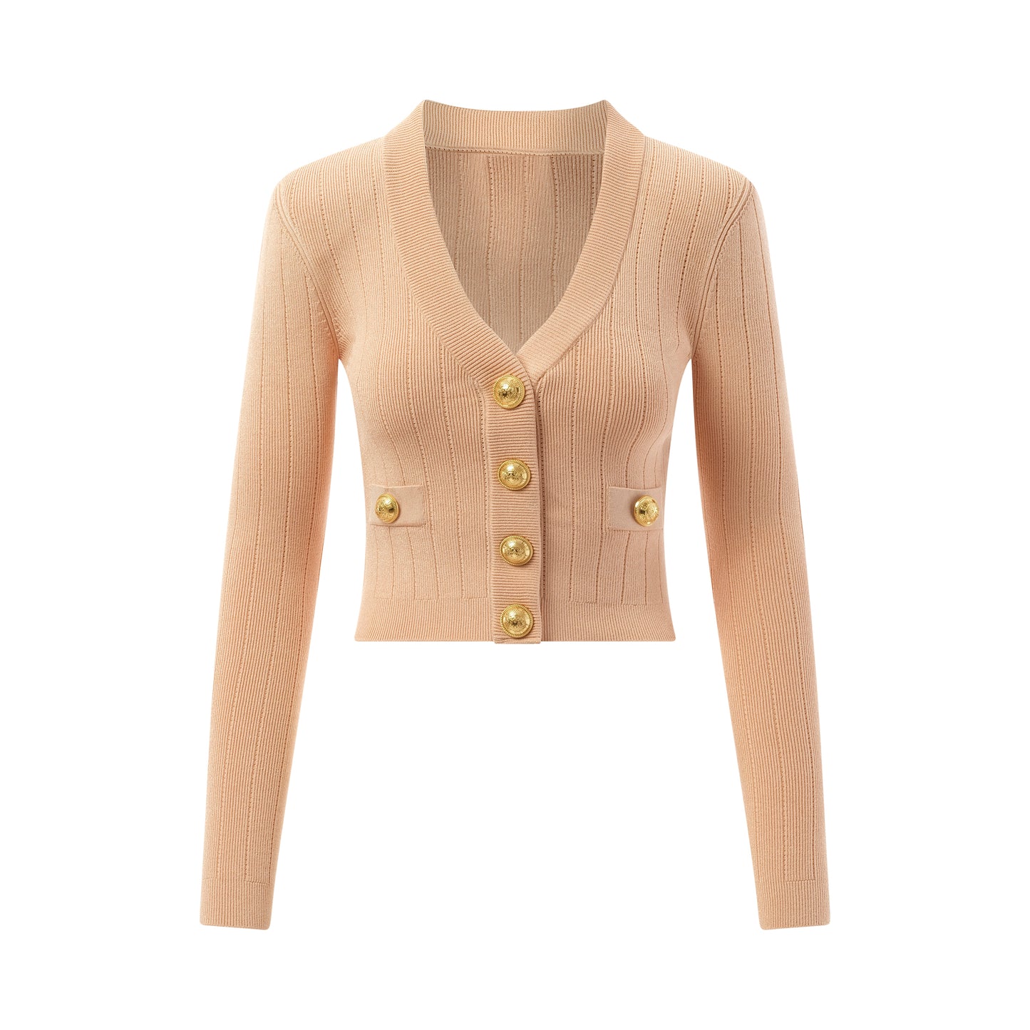 V-Neck 2 Pockets Buttoned Knit Cardigan in Nude Rose