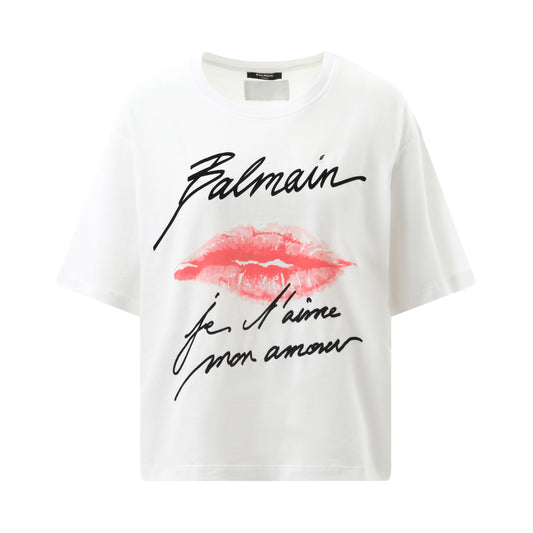 Balmain Kiss Print T-Shirt in White/Black/Red