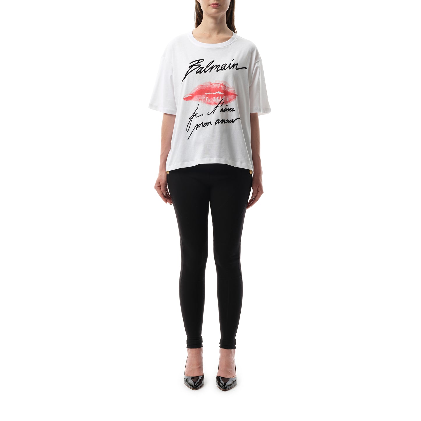 Balmain Kiss Print T-Shirt in White/Black/Red