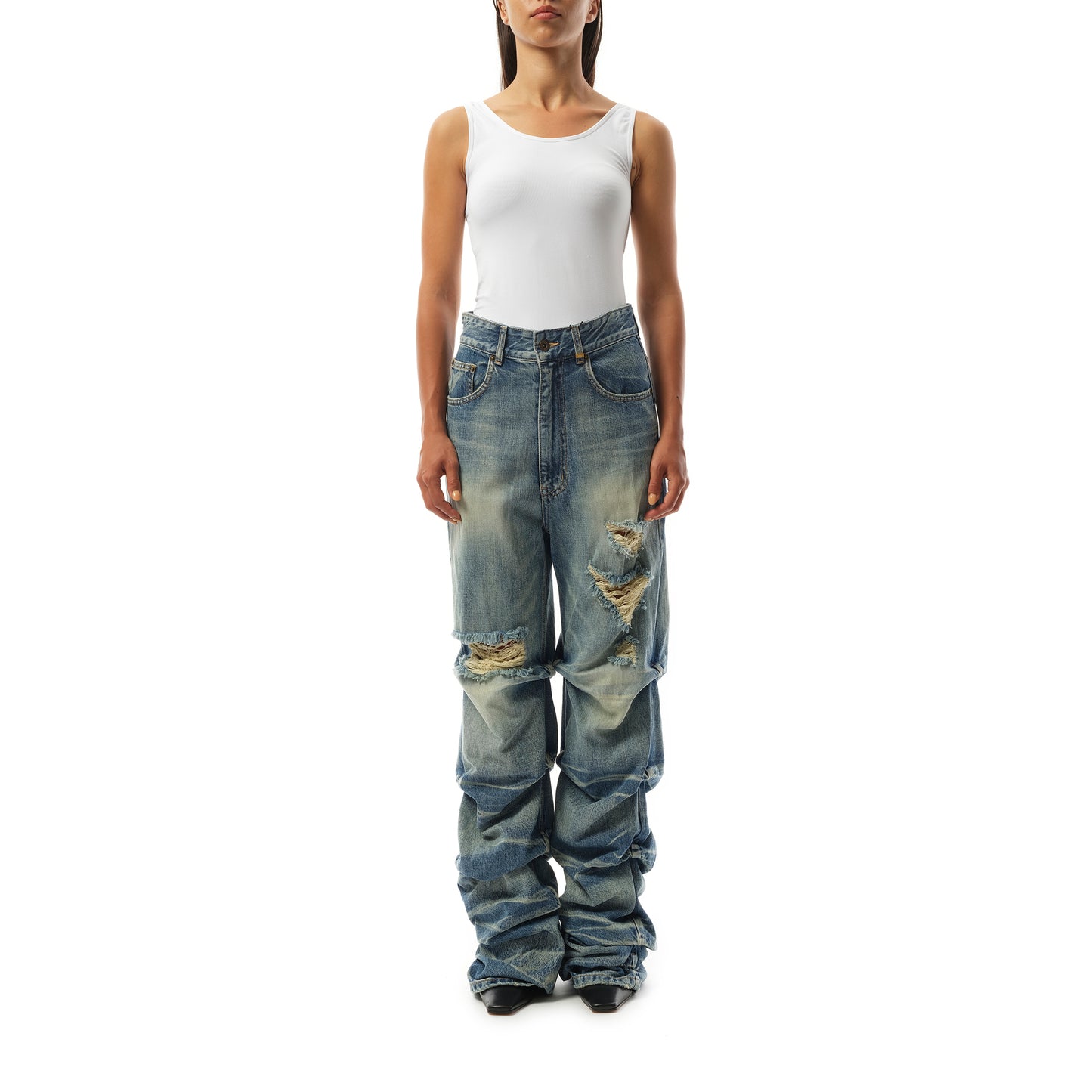 Wrinkled Straight Denim Trousers in Blue