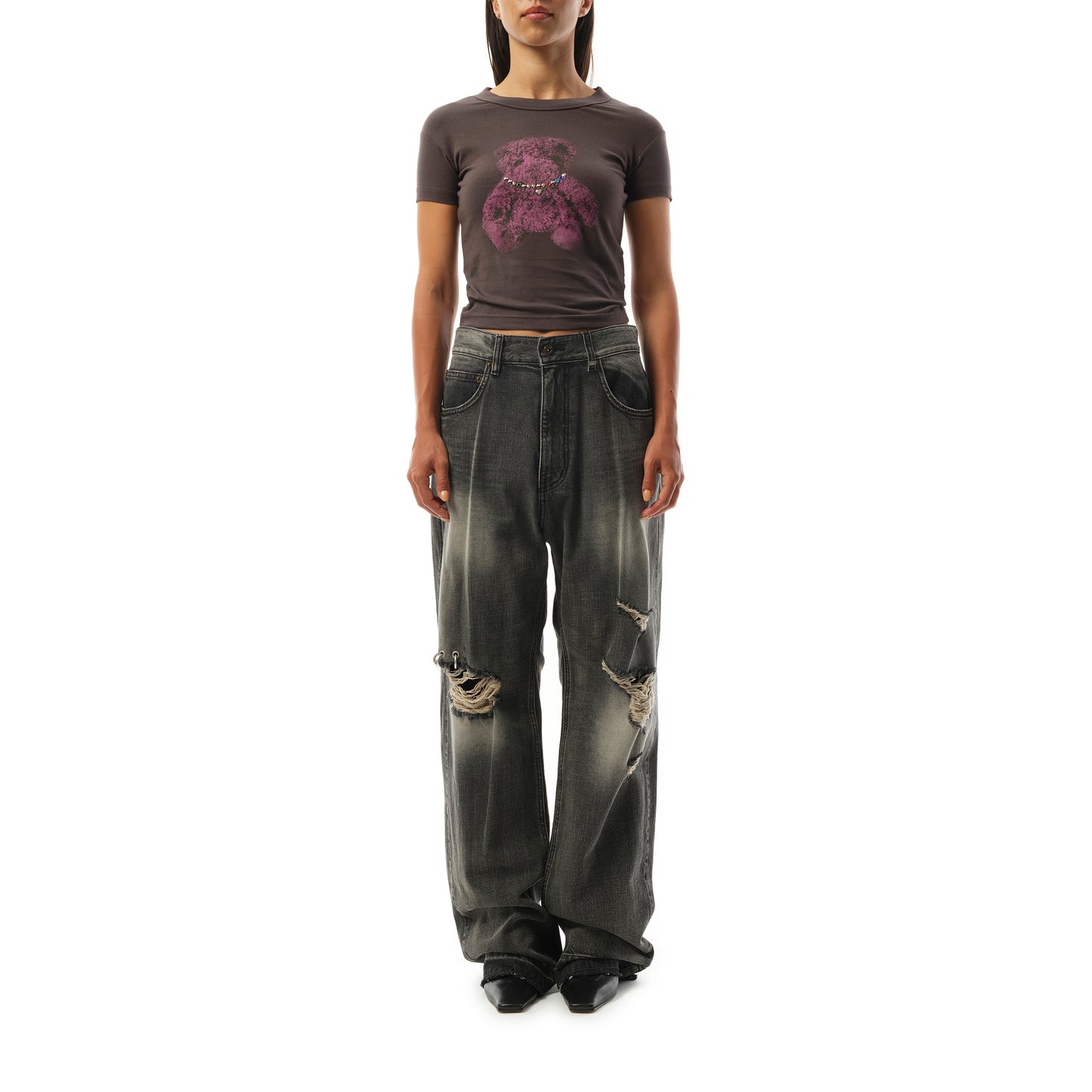 Womens Studded Bear Cropped T-Shirt in Charcoal