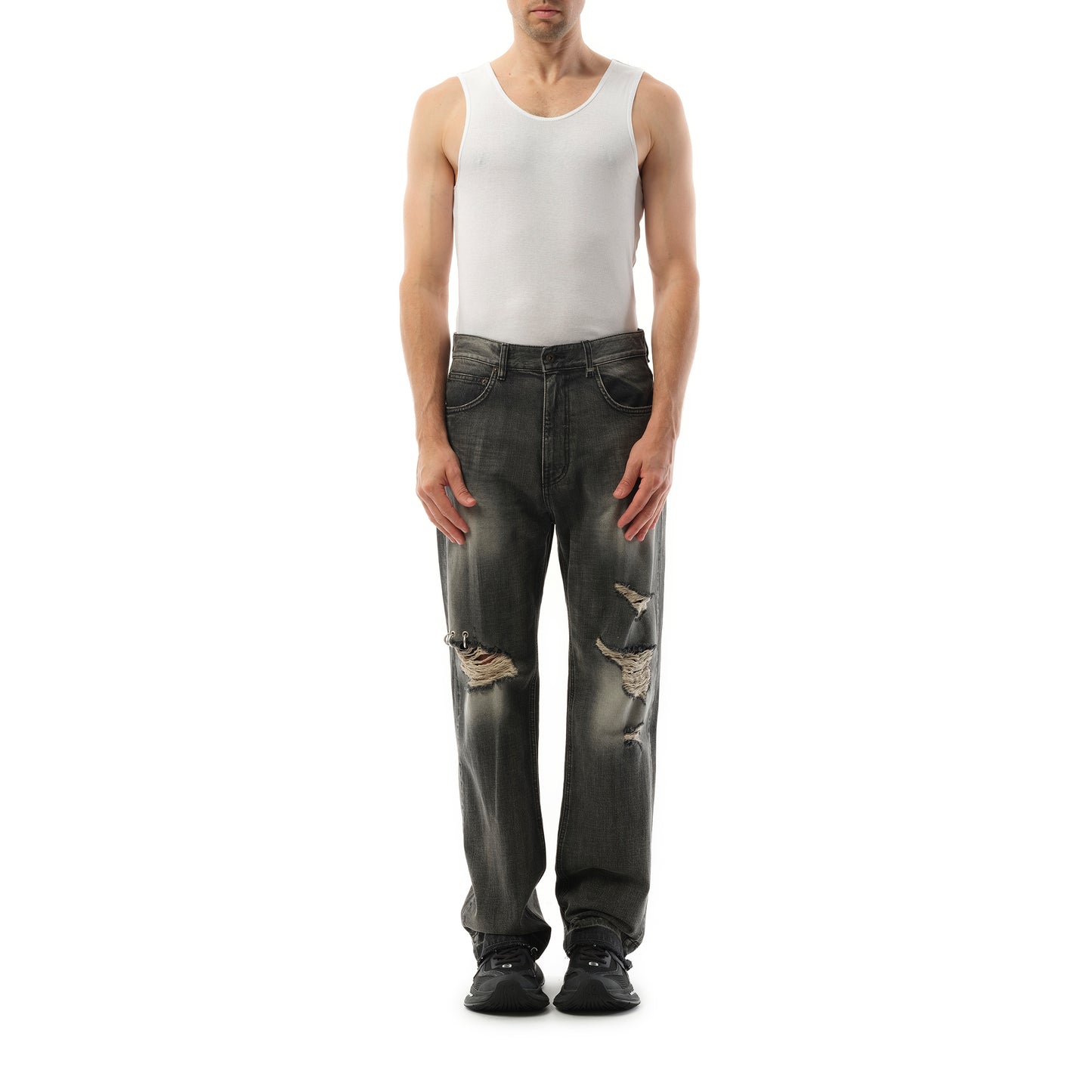 Distressed Denim Trousers in Black