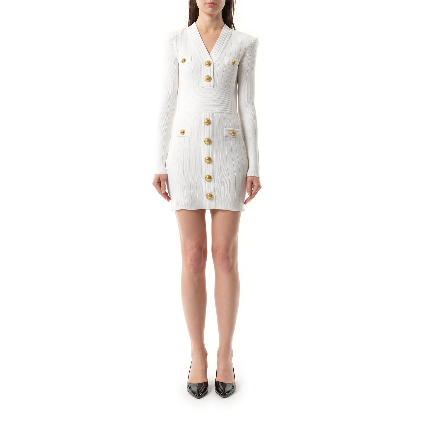 Long Sleeve Buttoned Short Knit Dress in White