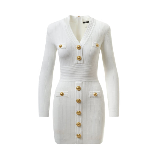 Long Sleeve Buttoned Short Knit Dress in White