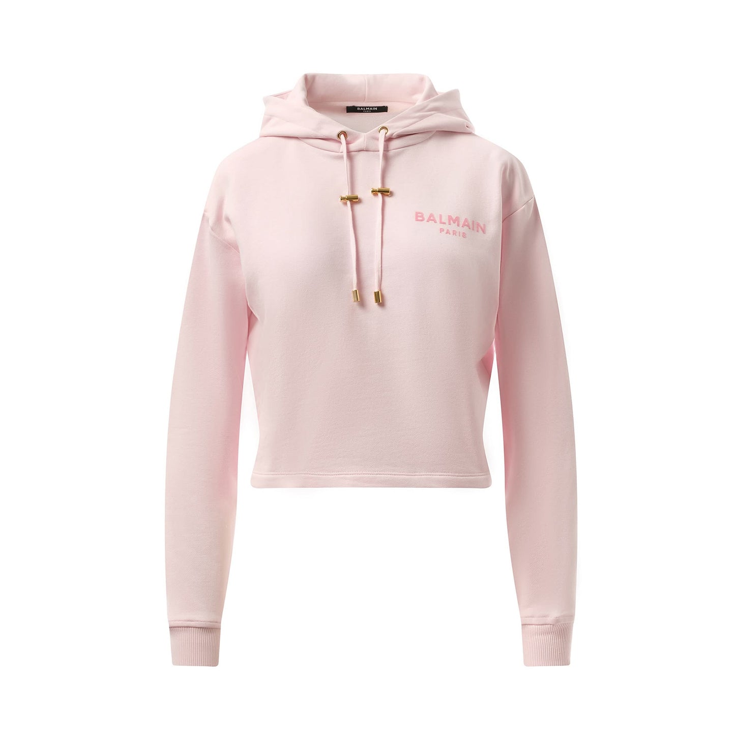 Balmain Flock Detail Cropped Hoodie in Pink