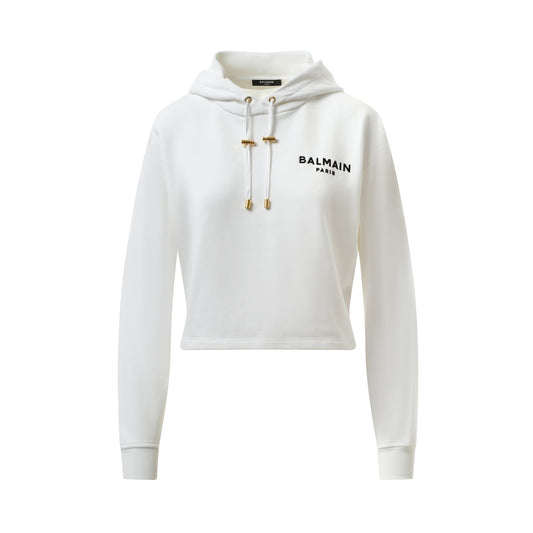 Balmain Flock Detail Cropped Hoodie in White/Black