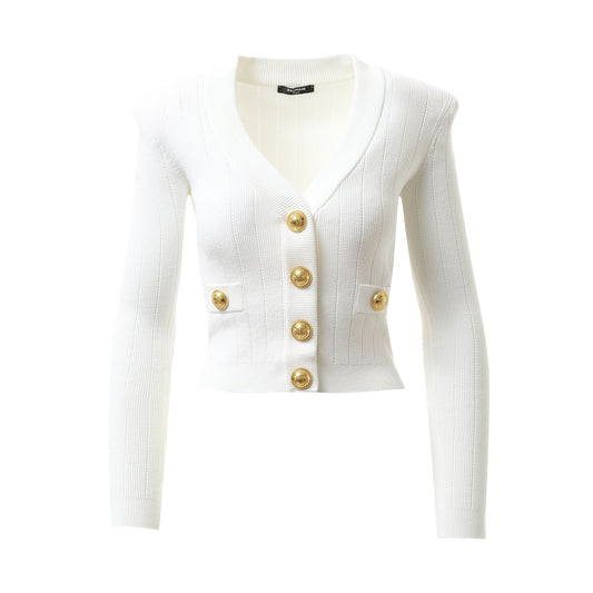 Buttoned Knit Crop Cardigan in White