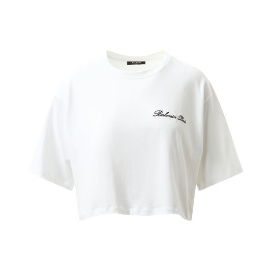 Balmain Signatured Embroidered Crop Top in White/Black