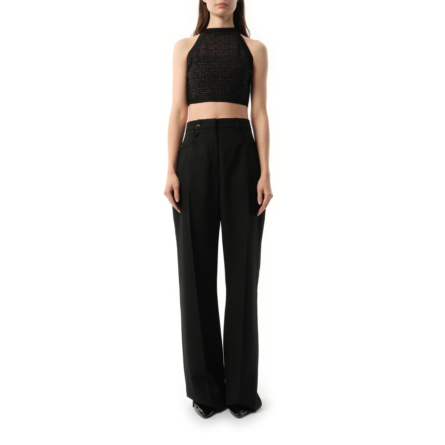 Halterneck Glittered Knit Crop Top in Black