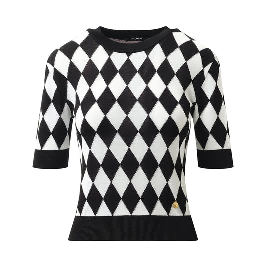 Short Sleeve Diamond Intarsia Knit Top in Black/White