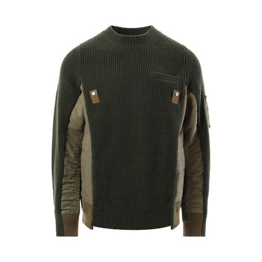 Nylon Twill x Wool Knit Pullover in Khaki