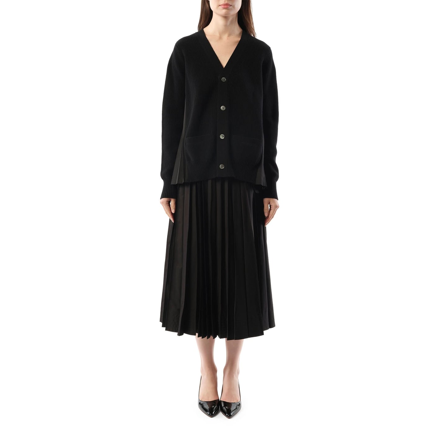 Wool Knit x Cotton Poplin Cardigan in Black