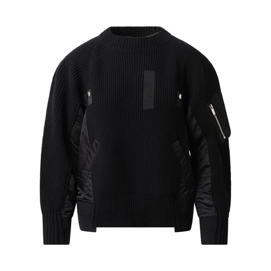 Wool Knit x Nylon Twill Pullover in Black