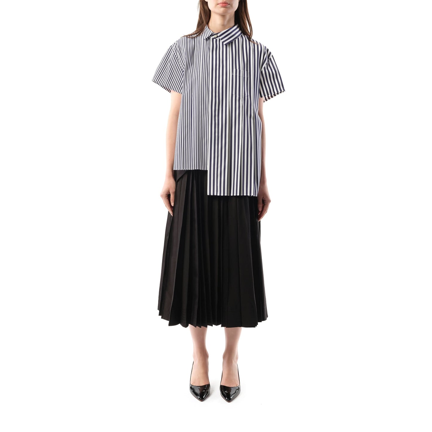 Asymmetric Cotton Poplin Shirt in Navy Stripe