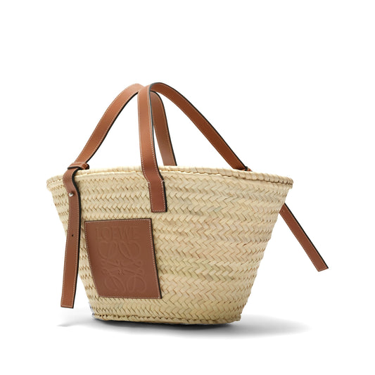 Medium Basket Bag in Palm Leaf and Calfskin in Natural/Tan