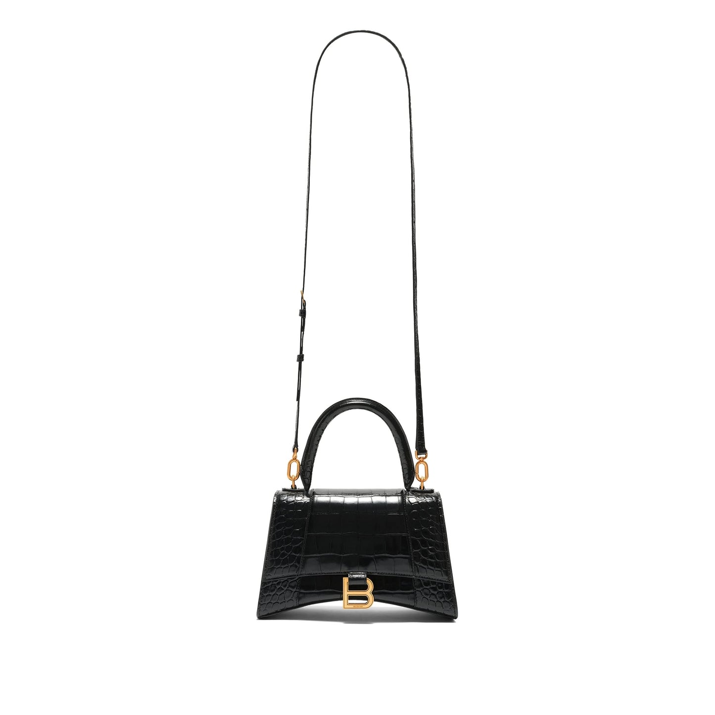 Hourglass Small Croco Embossed Bag in Black with Gold Plague