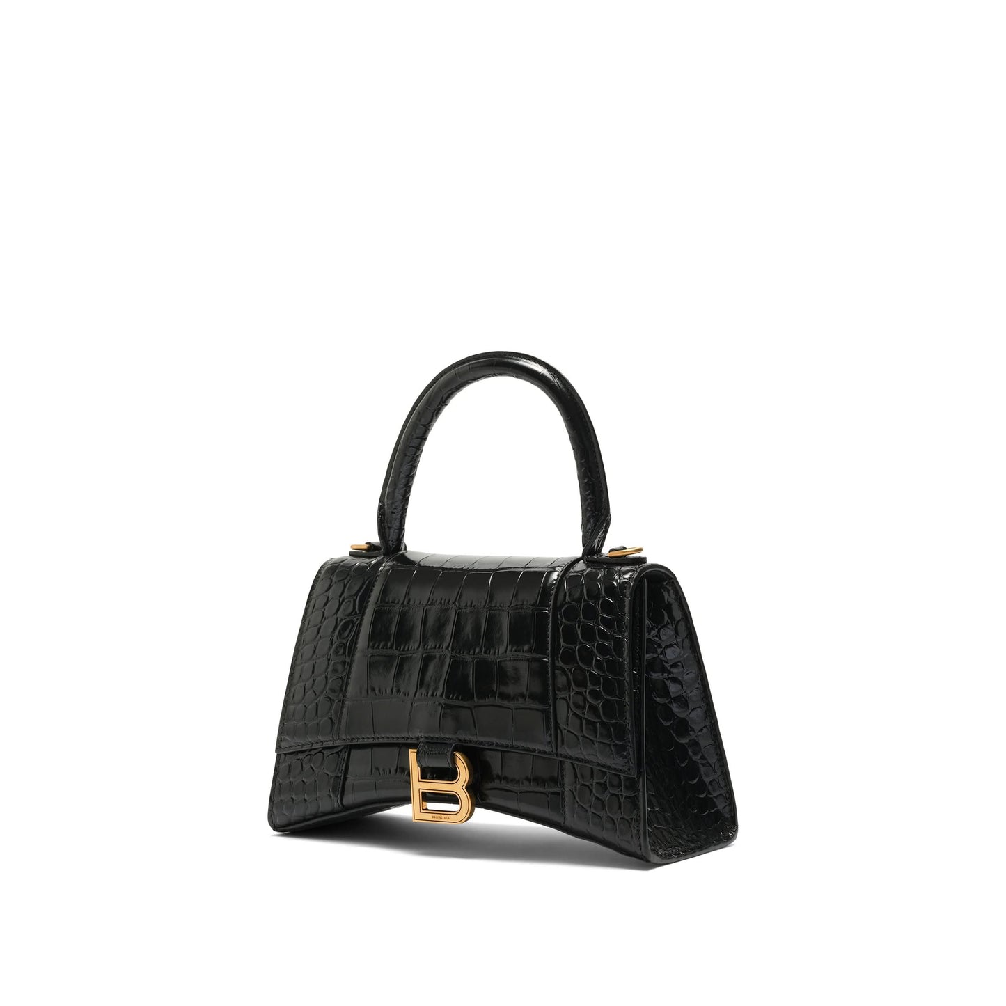 Hourglass Small Croco Embossed Bag in Black with Gold Plague