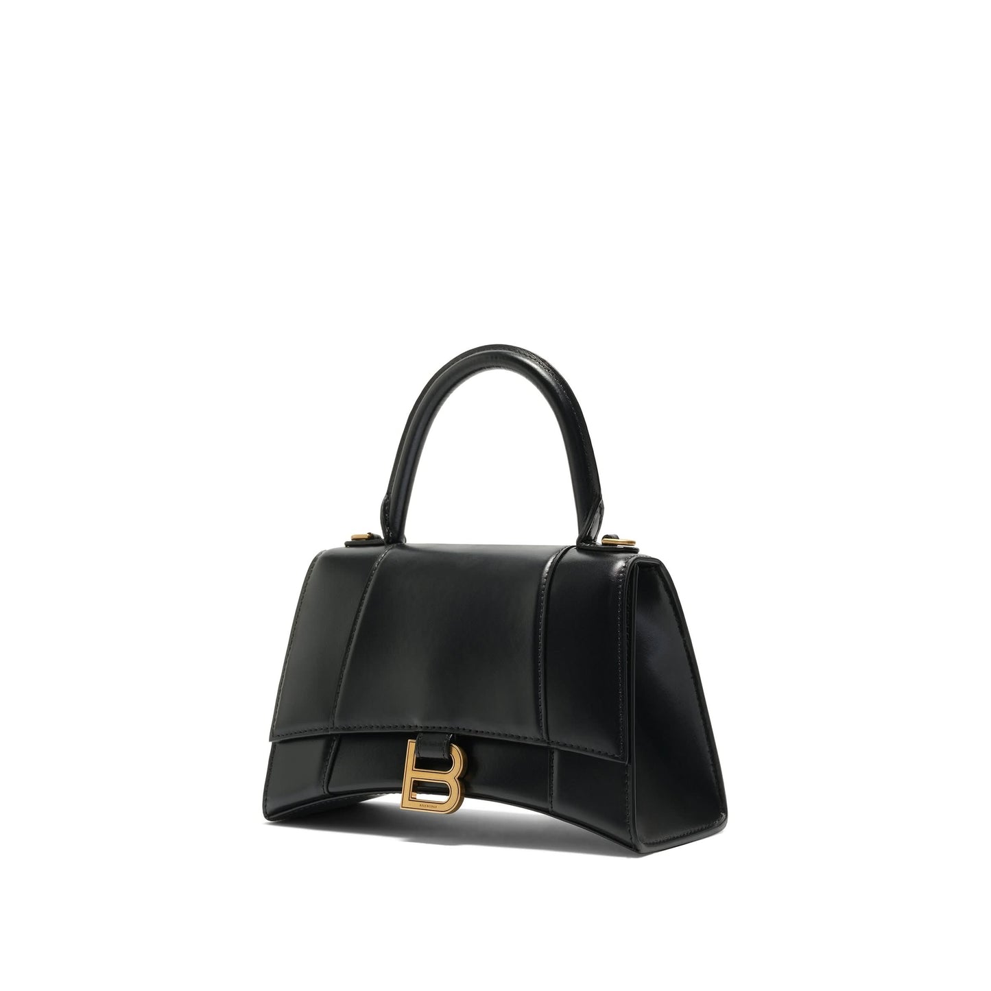 Hourglass Small Handbag in Box Calfskin in Black with Gold Plaque