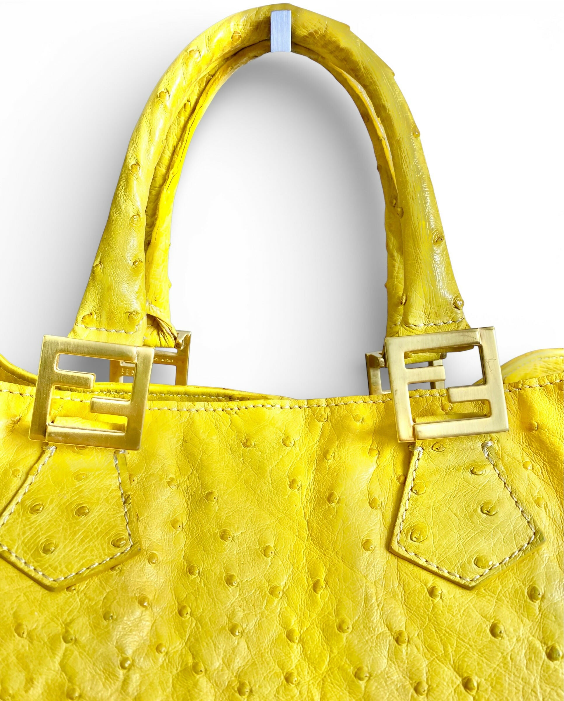 Rare Fendi Vintage Yellow Ostrich Twins Tote Gold Hardware