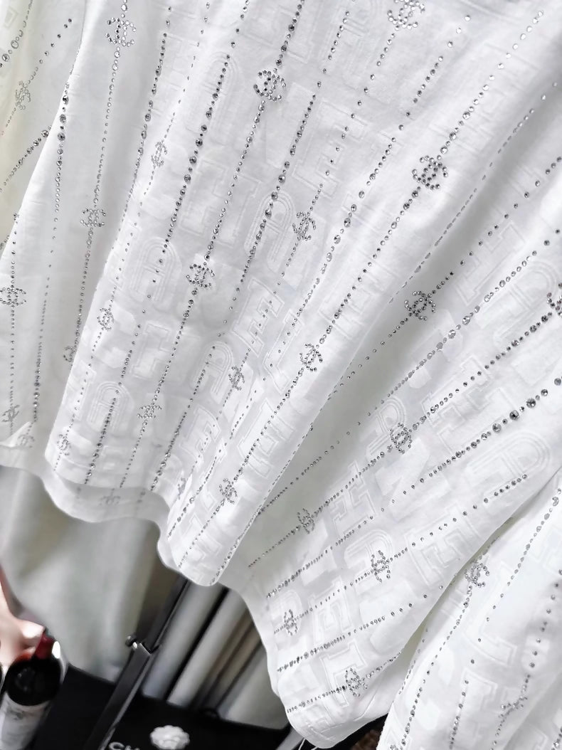 Chanel 23C white T-shirt with all-over rhinestone double C logo