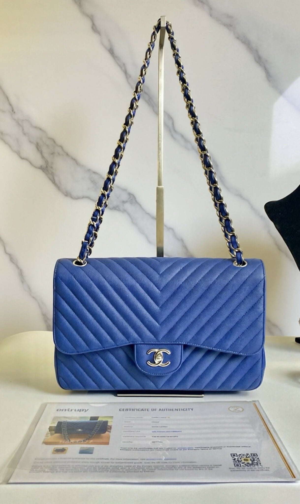 Chanel 2019 Caviar Royal Blue Jumbo Chevron Double Flap Timeless Classic Bag SHW
