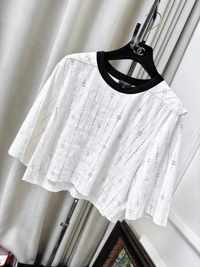 Chanel 23C white T-shirt with all-over rhinestone double C logo