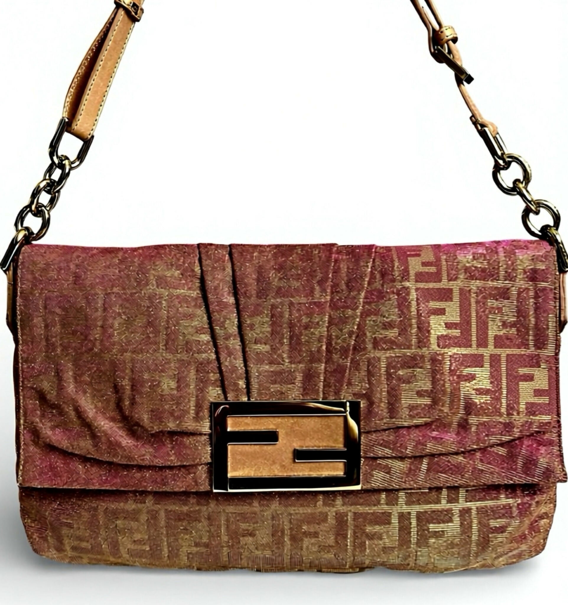 Limited Edition Fendi Zucca Baguette Metallic Pink Gold Iridescent Large Mia Bag