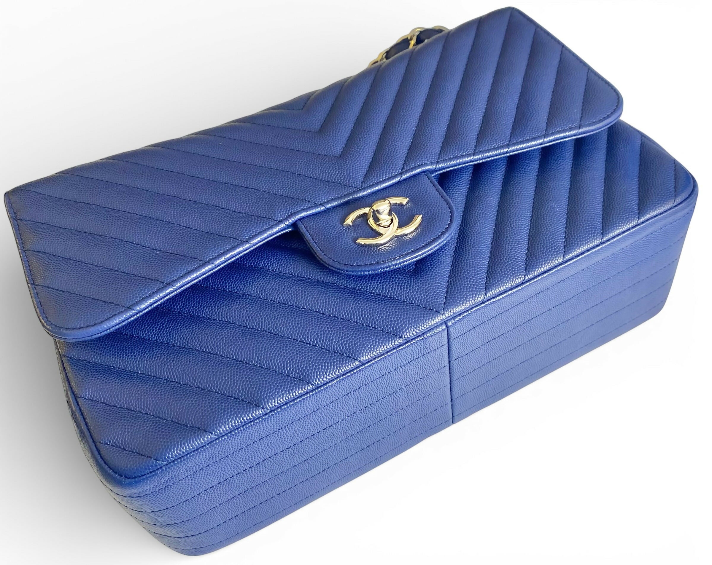 Chanel 2019 Caviar Royal Blue Jumbo Chevron Double Flap Timeless Classic Bag SHW
