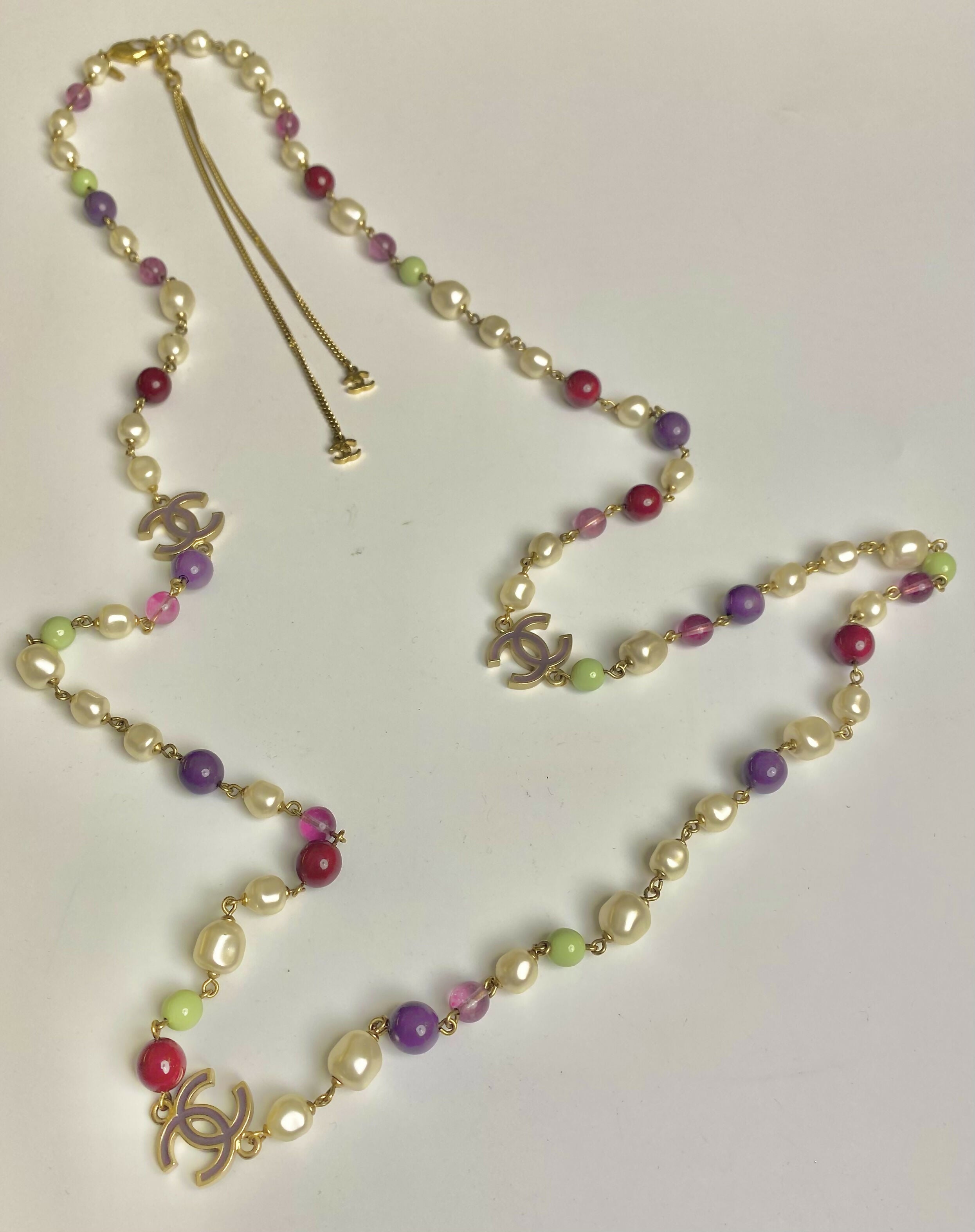 Chanel 11P Extra Long Strand CC Multicolor Necklace Gold Hardware
