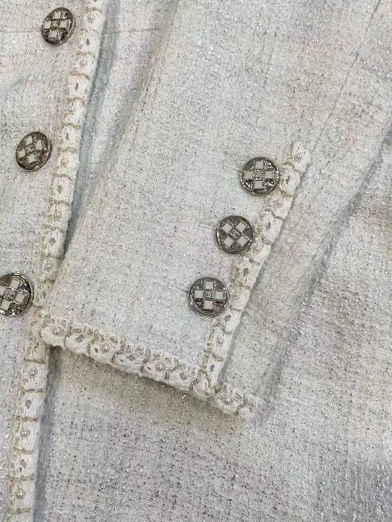 Chanel 23SS white tweed jacket with silver shimmer