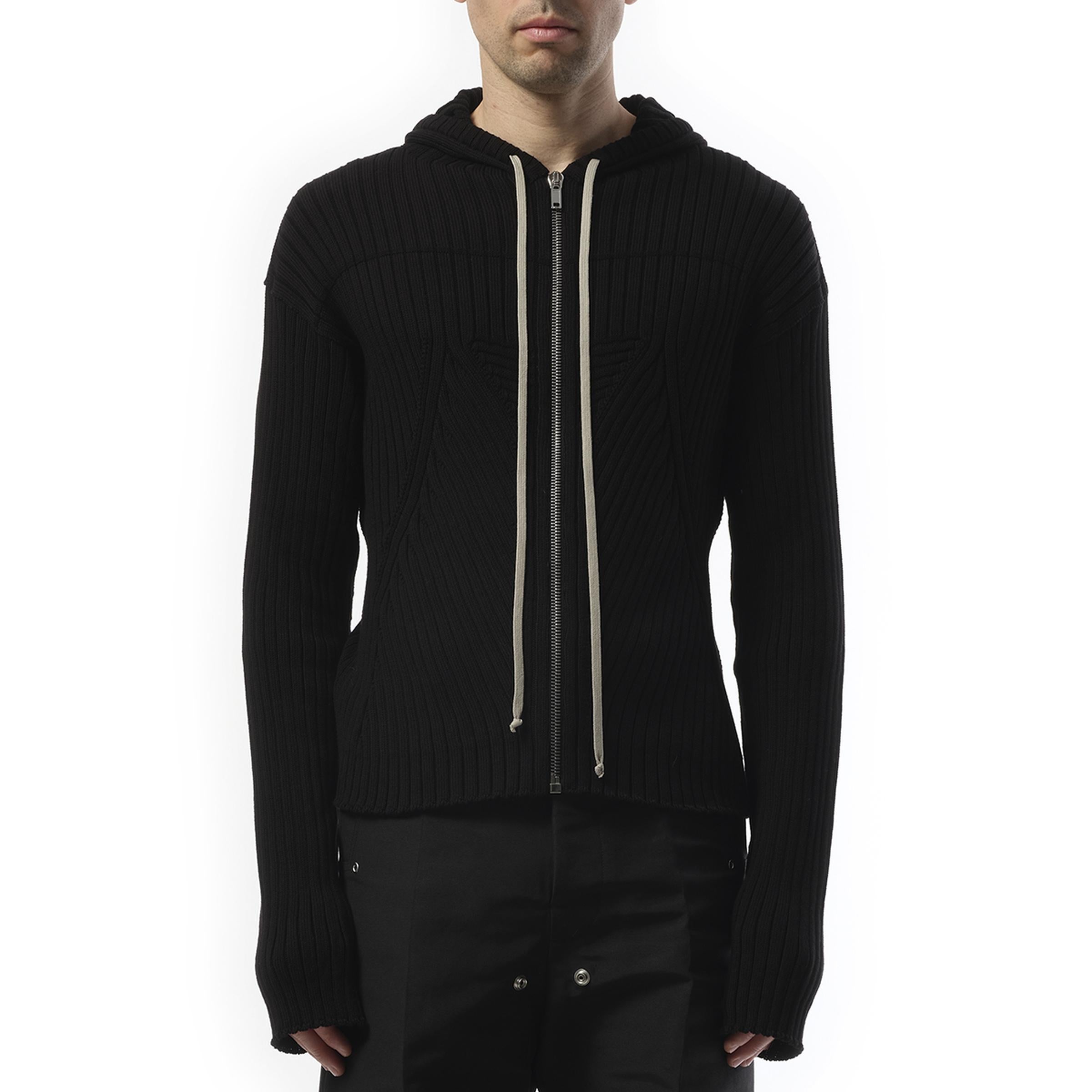 Zipped Knit Hoodie in Black