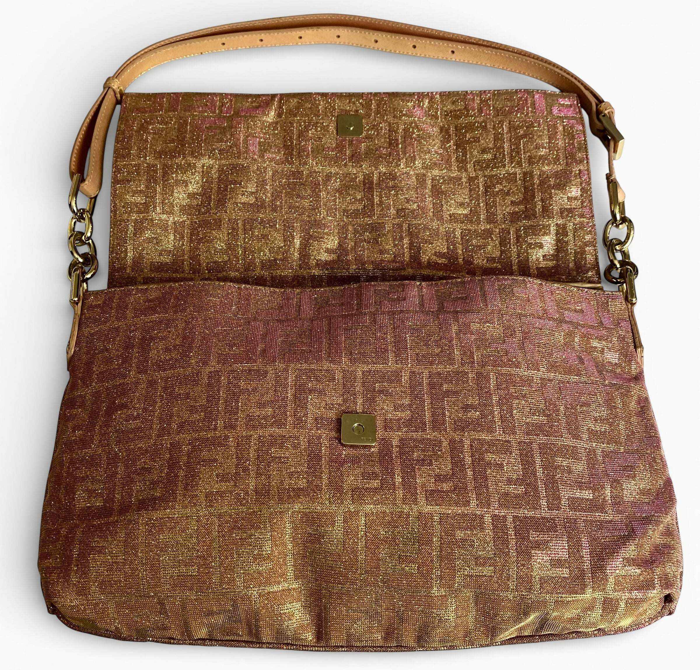 Limited Edition Fendi Zucca Baguette Metallic Pink Gold Iridescent Large Mia Bag