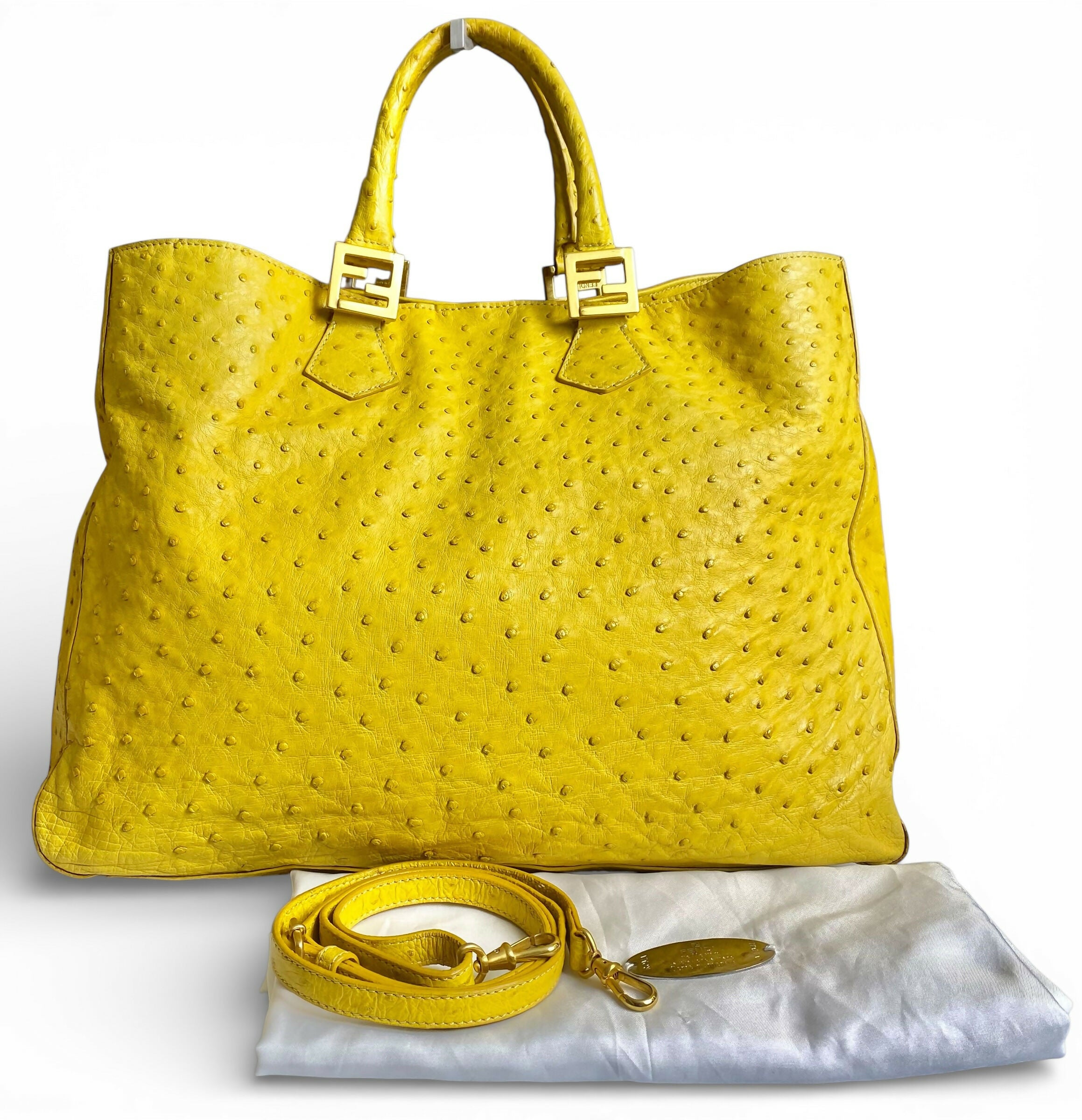 Rare Fendi Vintage Yellow Ostrich Twins Tote Gold Hardware