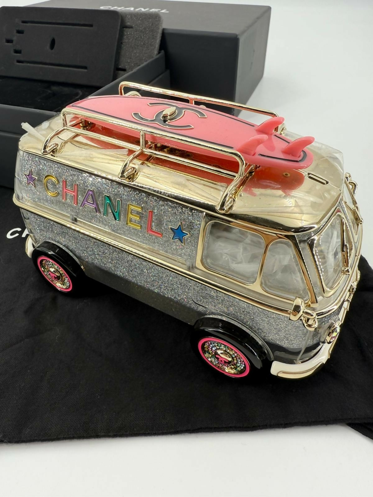 Chanel Cruise 24C Silver Glitter Lucite, Multicolor Rhinestone & Enamel Hollywood Mini Van Minaudière with Light Gold Hardware