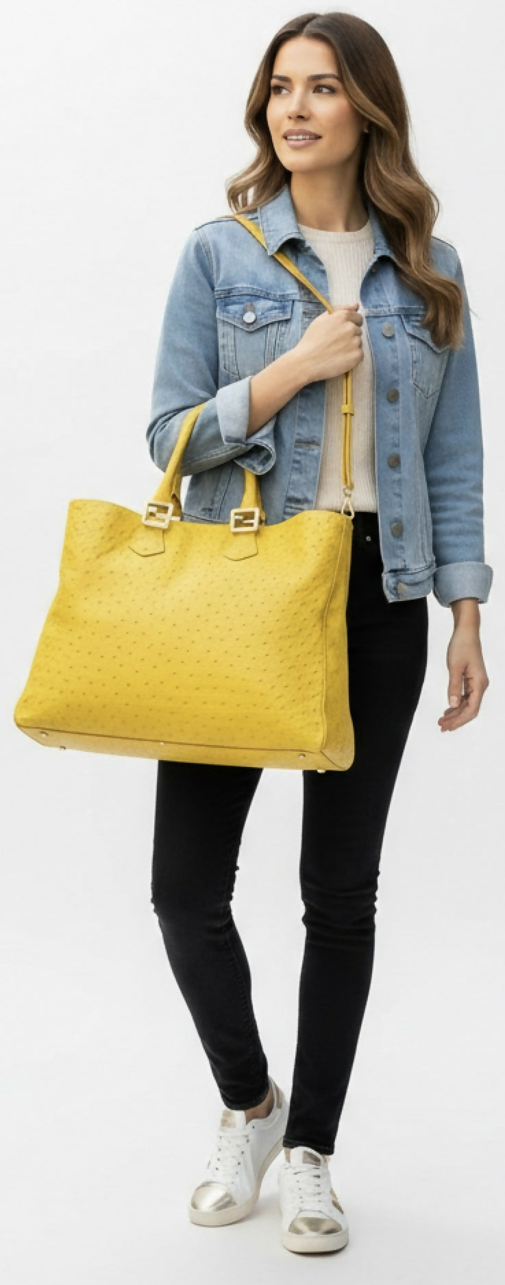 Rare Fendi Vintage Yellow Ostrich Twins Tote Gold Hardware