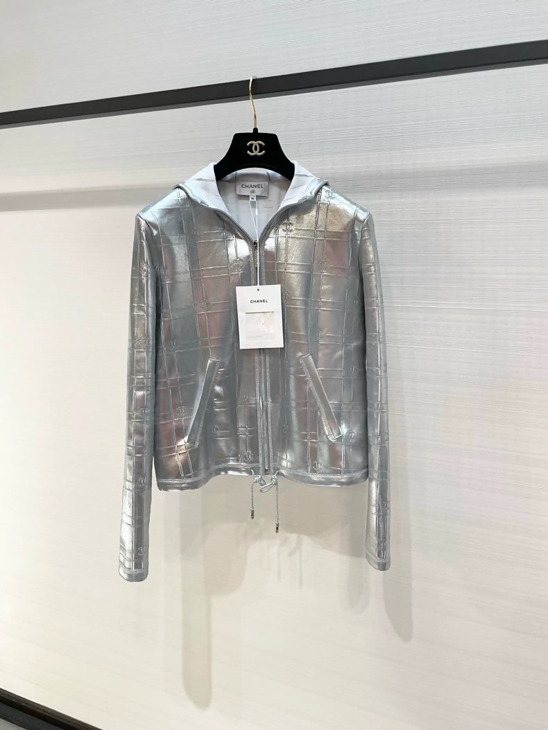 Chanel F36, 25C silver tech-inspired hooded zip-up jacket