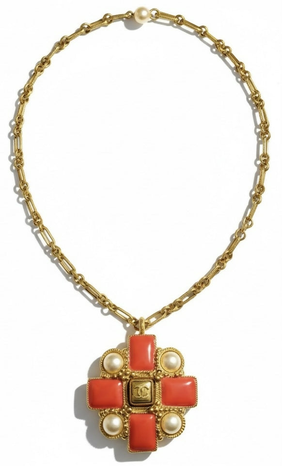 Chanel 13S XL CC Medallion Pendant Pink Coral Gripoix Pearl Gold Statement Necklace
