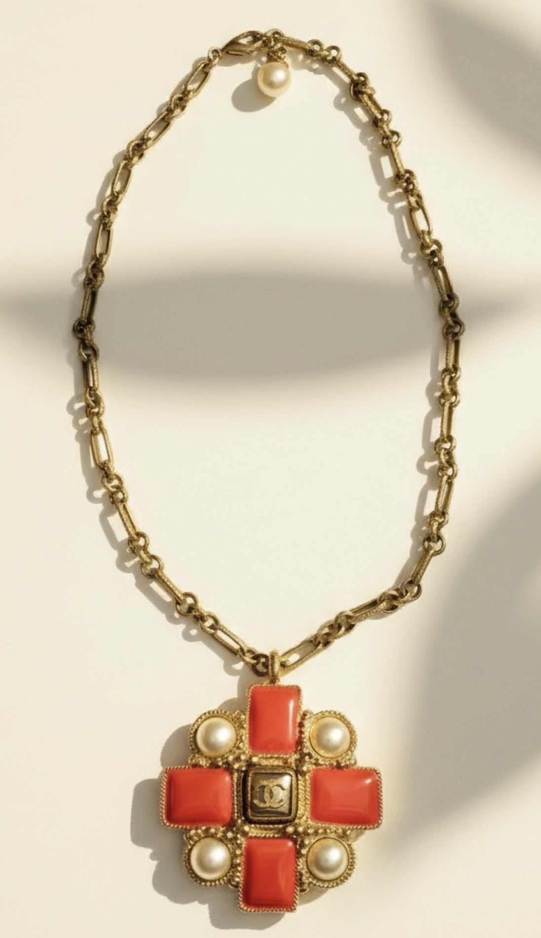 Chanel 13S XL CC Medallion Pendant Pink Coral Gripoix Pearl Gold Statement Necklace