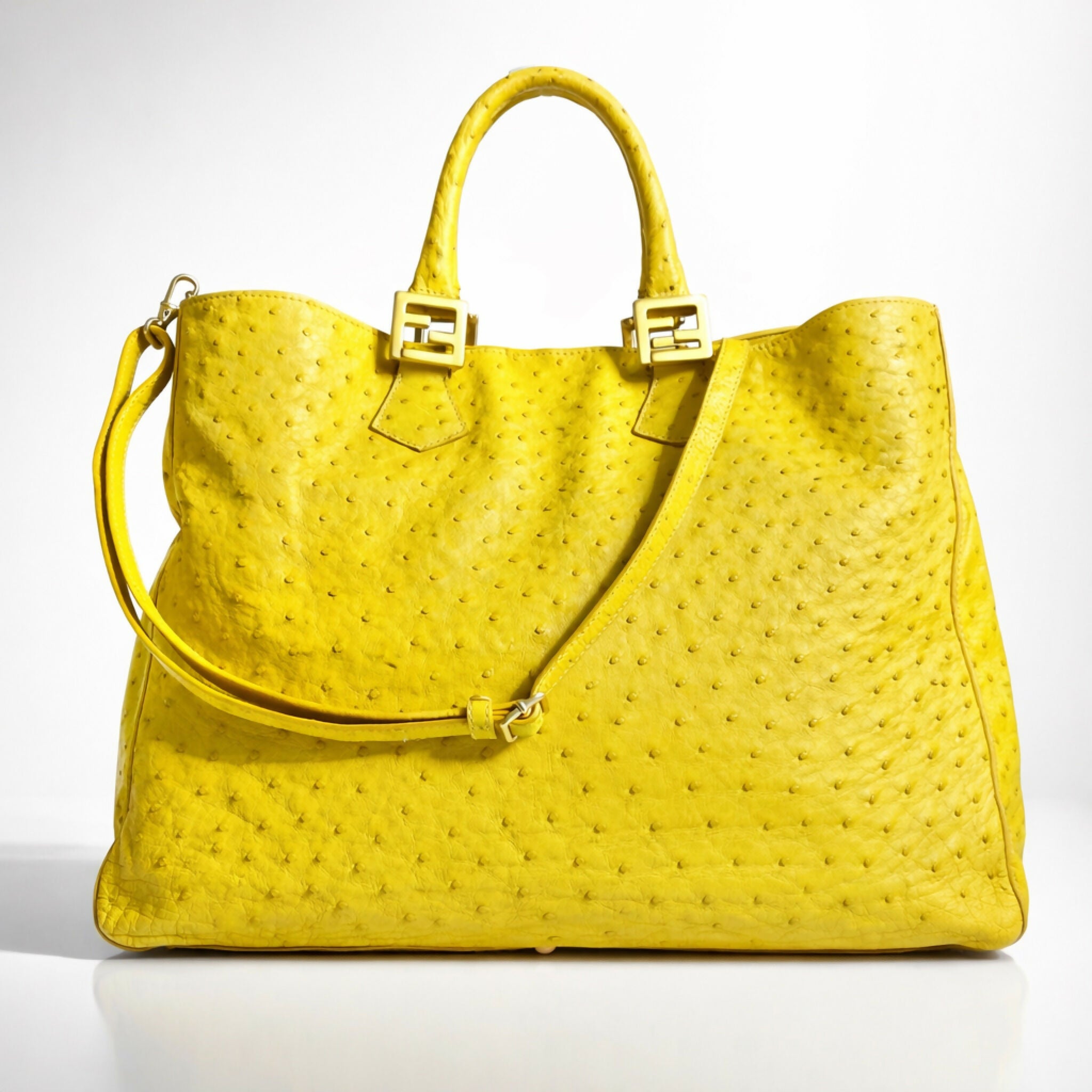 Rare Fendi Vintage Yellow Ostrich Twins Tote Gold Hardware