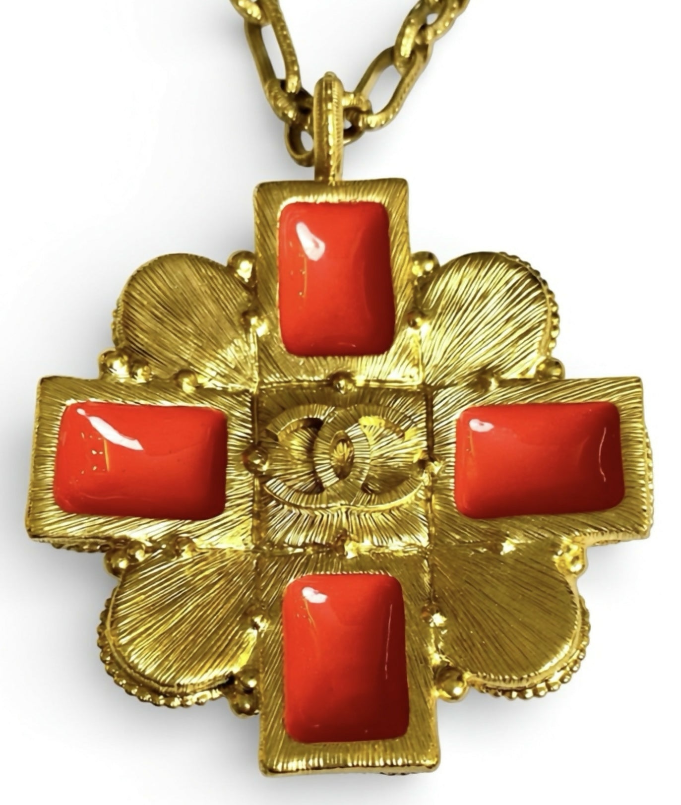 Chanel 13S XL CC Medallion Pendant Pink Coral Gripoix Pearl Gold Statement Necklace