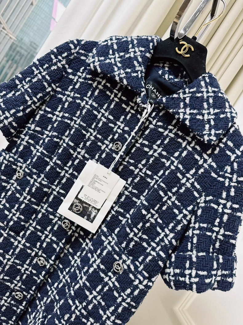 Chanel 23B Navy Blue Check Tweed Dress