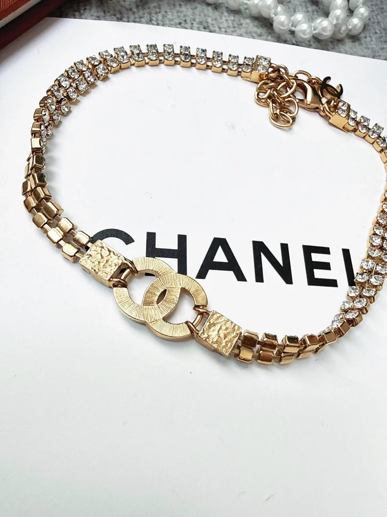Chanel 20B double C full diamond light gold choker necklace