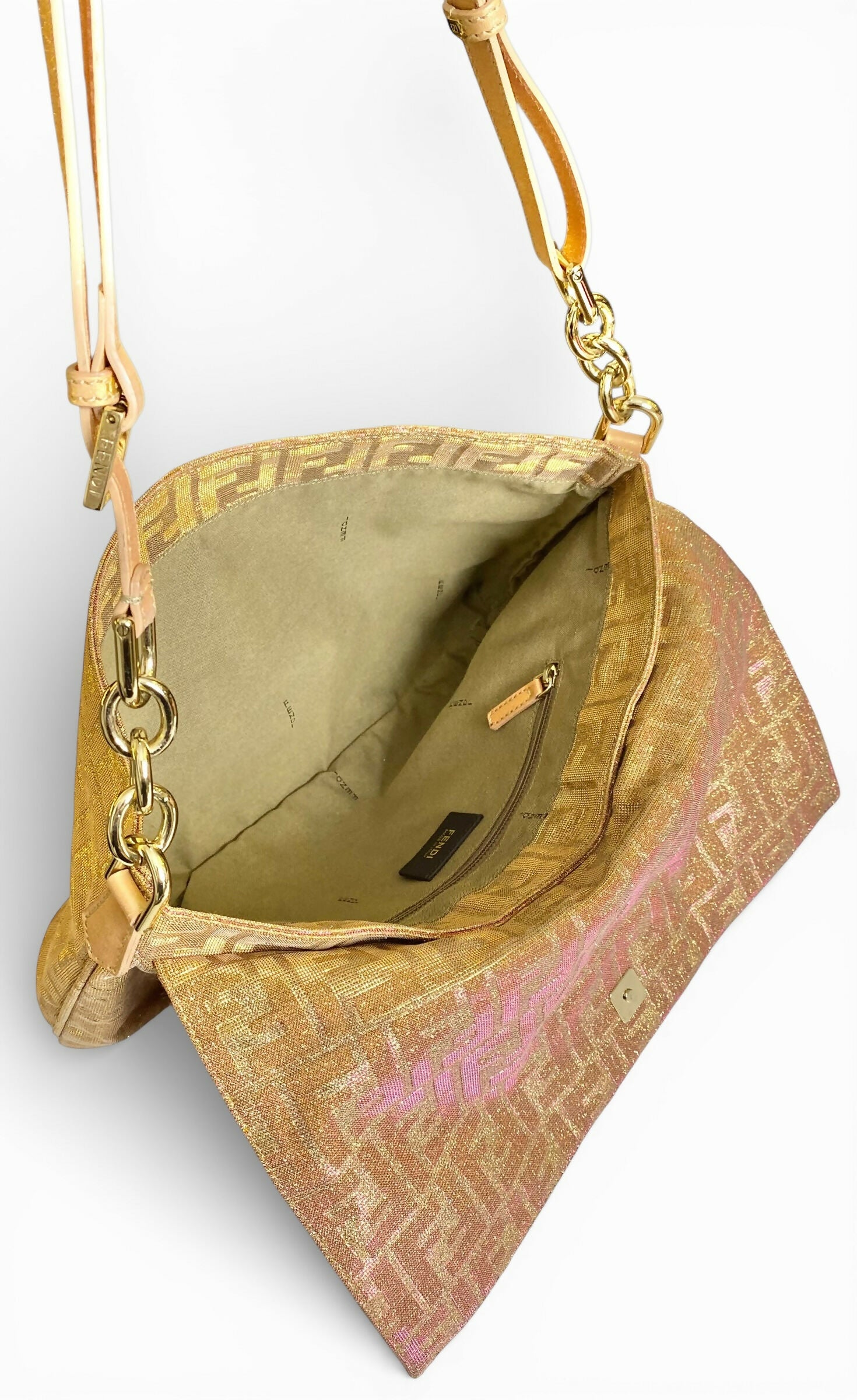 Limited Edition Fendi Zucca Baguette Metallic Pink Gold Iridescent Large Mia Bag
