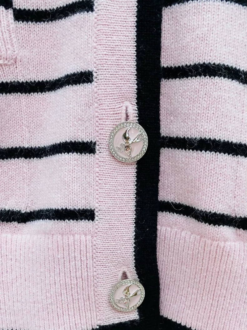 Chanel 25SS Pink and Black Striped Cashmere Cardigan